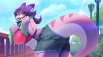  16:9 2020 5_fingers anthro aruurara big_breasts breasts clothed clothing day dragon female fingers fur furred_dragon hair hi_res huge_breasts long_hair midriff outside overweight overweight_anthro overweight_female purple_body purple_fur purple_hair solo thick_tail thick_thighs tsukiyo widescreen yellow_eyes 