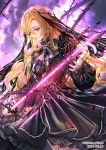  1girl black_dress blonde_hair blurry_foreground closed_mouth cowboy_shot curly_hair dress floating_hair glowing glowing_sword glowing_weapon hair_between_eyes holding holding_sword holding_weapon layered_dress long_hair long_sleeves red_eyes sid_story sila_(carpen) soles standing sword thorns very_long_hair weapon 