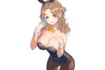  animal_ears breast_hold breasts brown_eyes brown_hair bunny_ears bunnygirl cleavage headband ichikawa_hinana idolmaster idolmaster_shiny_colors leotard long_hair pantyhose rangen white wristwear 