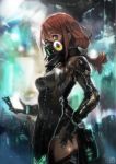  1girl absurdres bangs blurry blurry_background breasts gas_mask hand_on_hip high_collar highres long_hair medium_breasts medium_hair okuto original profile red_eyes red_hair side_slit solo standing thighhighs 