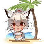  1girl animal_ear_fluff animal_ears bangs bare_arms bare_shoulders beach blush chibi commentary_request dark_skin day eyebrows_visible_through_hair facial_mark fish fox_ears fox_girl fox_tail full_body grey_hair hair_between_eyes high_ponytail highres holding looking_at_viewer navel open_mouth original outdoors palm_tree polearm ponytail red_eyes sand solo spear standing tail tree water weapon white_background yuuji_(yukimimi) 