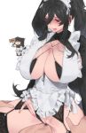  1boy 1girl alternate_costume apron bangs black_legwear blush breasts couple cowgirl_position criss-cross_halter enmaided garter_straps girl_on_top hair_between_eyes halterneck hands_on_thighs hetero lace large_breasts looking_down lying maid maid_apron male_pubic_hair mimyo nail_polish on_back open_mouth original pink_nails pubic_hair sex sidelocks spread_legs straddling thighhighs tongue tongue_out twintails vaginal 