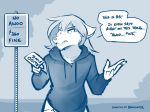  2020 ambiguous_gender annoyed anthro blue_and_white canid canine canis clothed clothing conditional_dnp dialogue english_text hi_res holding_object hoodie humor keidran mammal meme monochrome natani sign sketch solo text tom_fischbach topwear twokinds webcomic wolf 