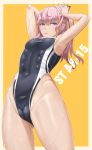 1girl abs absurdres armpits blue_swimsuit blush breasts chiyo_goya competition_swimsuit eye_contact eyebrows_visible_through_hair eyewear_on_head girls_frontline glasses hands_on_head highleg highleg_swimsuit highres long_hair looking_at_another looking_at_viewer narrow_waist navel one-piece_swimsuit pink_hair purple_eyes small_breasts solo st_ar-15_(girls_frontline) stomach swimsuit thighs white_text yellow_background 