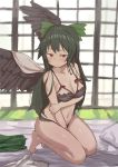  1girl apron arm_under_breasts barefoot between_legs bird_wings blush bow bra breasts closed_mouth collarbone commentary_request embarrassed full_body furrowed_eyebrows green_bow green_hair hair_bow hand_between_legs hand_on_own_arm highres indoors isemori kneeling long_hair looking_at_viewer medium_breasts navel panties red_eyes reiuji_utsuho solo stomach toes touhou underwear underwear_only waist_apron wings 