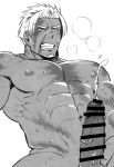  1boy abs bara beard beowulf_(fate/grand_order) breath censored chest cum ejaculation erection ezaki_papiko facial_hair fate/grand_order fate_(series) greyscale highres male_focus manly monochrome muscle nipples pectorals penis scar solo sweat tattoo upper_body 