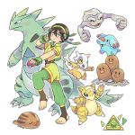  1girl adapted_costume avatar:_the_last_airbender avatar_(series) black_hair bone crossover cubone dugtrio fingerless_gloves gen_1_pokemon gen_2_pokemon geodude gloves mojgon odd_one_out phanpy poke_ball poke_ball_(generic) pokemon pokemon_(creature) sandshrew simple_background smile swinub tail toeless_legwear toph_bei_fong tyranitar 