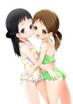  2girls ass belly_to_belly bikini black_hair brown_eyes brown_hair cheek-to-cheek face-to-face floral_print green_bikini hand_on_another&#039;s_ass hand_on_another&#039;s_hip highres hug long_hair low_twintails maki_daikichi multiple_girls one-piece_swimsuit open_mouth original print_swimsuit simple_background smile swimsuit twintails white_background white_swimsuit 