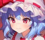  1girl 3: ainy77 blue_hair blush eyebrows_visible_through_hair frilled_shirt_collar frills hat hat_ribbon mob_cap red_background red_eyes red_ribbon remilia_scarlet ribbon ribbon_trim short_hair simple_background solo sweat the_embodiment_of_scarlet_devil touhou 