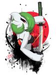  angry bra breasts clothing female gardevoir hair hair_over_eye half-length_portrait katana looking_back melee_weapon nintendo one_eye_obstructed pok&eacute;mon pok&eacute;mon_(species) portrait red_eyes rilex_lenov solo sun sword underwear unsheathing video_games weapon 