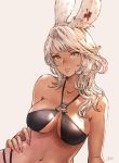  1girl animal_ear_fluff animal_ears bangs bare_arms bare_shoulders bikini bikini_day black_bikini blush breasts bunny_ears cleavage closed_mouth collarbone commentary_request criss-cross_halter dark_skin eyebrows_visible_through_hair final_fantasy final_fantasy_xiv fingernails green_eyes hair_intakes halter_top halterneck hand_on_hip highres kuroimori long_hair looking_at_viewer medium_breasts navel nose_blush signature simple_background skindentation solo stomach swimsuit upper_body viera white_hair 