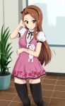  0byte 1girl arm_across_waist black_hairband black_legwear blush breasts brown_eyes brown_hair closed_mouth commentary_request dress eyelashes hairband hand_up highres holding holding_stuffed_animal idolmaster idolmaster_(classic) idolmaster_2 long_hair looking_at_viewer minase_iori pink_dress plant potted_plant short_sleeves smile solo standing stuffed_animal stuffed_bunny stuffed_toy thighhighs tile_floor tiles 