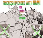  1boy 2girls abs afrobull animal_ears animal_nose artist_self-insert artist_self-reference bikini chest clothed_female_nude_male collarbone commentary cow_boy cow_ears cow_horns crossed_out earrings english_commentary english_text friendship_ended_with_mudasir_(meme) furry grin high_ponytail holding_hands horns japanese_clothes jewelry long_hair looking_at_viewer meme minotaur multiple_girls muscle nami_(one_piece) nose_piercing nose_ring nude one_piece oni open_mouth parody pectorals photo_(object) piercing smile stomach swimsuit upper_body v-shaped_eyebrows x yamato_(one_piece) 
