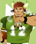  1boy animal_ears bangs bara beard blush brown_hair chest ezaki_papiko facial_hair feathers forked_eyebrows glowing_horns highres horns jewelry looking_at_viewer male_focus muscle native_american pose rugby rugby_ball rugby_uniform shirt short_sleeves simple_background smile solo sportswear sweatband thick_eyebrows tokyo_houkago_summoners upper_body wakan_tanka wiping_sweat yellow_eyes 