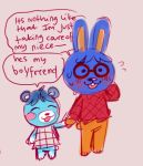  animal_crossing anthro bluebear_(animal_crossing) blush doc_(animal_crossing) english_text female lagomorph leporid male mammal niichan nintendo rabbit size_difference text ursid video_games 