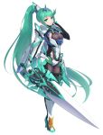  1girl absurdly_long_hair armor bangs breasts cowboy_shot earrings full_body gloves gonzarez green_eyes green_hair hair_ornament headpiece high_heels highres holding holding_sword holding_weapon jewelry long_hair long_ponytail looking_at_viewer pneuma_(xenoblade_2) ponytail simple_background smile solo swept_bangs sword tiara very_long_hair weapon white_background xenoblade_(series) xenoblade_2 