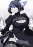  2020 anthro big_breasts black_hair blue_eyes blue_highlights breasts chikachi cleavage clothed clothing cosplay dannyckoo domestic_cat exgalatine felid feline felis female grey_body hair hi_res highlights_(coloring) inner_ear_fluff legwear looking_at_viewer mammal nier_automata red_highlights short_hair solo stockings thick_thighs tuft underwear wide_hips yorha_2b 