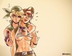  2girls bandana bang_dacy baseball_cap belt blonde_hair breasts brown_hair fio_germi glasses gun handgun hat kasamoto_eri metal_slug middle_finger midriff multiple_girls navel ponytail revolver underboob weapon 