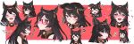  =_= ? bangs black_hair black_shirt blush border chibi choker clone disgust earrings ears_down erune eyebrows_visible_through_hair from_side glasses granblue_fantasy hair_between_eyes happy heart heart-shaped_pupils highres jewelry konkitune803 long_hair looking_at_viewer mouth_drool nier_(granblue_fantasy) no_pupils open_mouth pacifier pout red_background red_eyes sad shaded_face shirt sidelocks smile sparkle sweat symbol-shaped_pupils tearing_up teeth tongue tongue_out white_border 