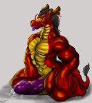  asian_mythology bare_chest bigshow bodily_fluids cum dragon east_asian_mythology eastern_dragon front_view genital_fluids genitals hi_res horn hyper leaking looking_at_viewer male muscular muscular_male mythology penis shang_long solo tongue 