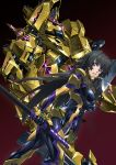  1girl absurdres black_bodysuit black_hair bodysuit breasts glowing highres holding holding_sword holding_weapon impossible_bodysuit impossible_clothes large_breasts long_hair looking_at_viewer mecha muvluv muvluv_alternative muvluv_total_eclipse paintedmike parted_lips pilot_suit purple_eyes shiny shiny_hair shiny_skin sidelocks solo standing sword takamura_yui teeth weapon 