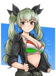  1girl anchovy_(girls_und_panzer) bikini bikini_under_clothes bow brown_eyes commentary drill_hair girls_und_panzer green_hair hair_bow highres italian_flag italian_flag_bikini looking_at_viewer open_clothes open_shirt simple_background solo sweatdrop swimsuit twin_drills undressing zap-nik 