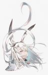  1girl animal_ear_fluff animal_ears arknights bunny_ears cloak closed_mouth commentary crying crying_with_eyes_open eyelashes facial_scar floating_hair frostnova_(arknights) grey_background grey_eyes hair_ornament hair_over_one_eye hairclip highres long_hair looking_up sad scar silver_hair simple_background solo tears white_cloak xion32 