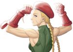  1girl bare_shoulders beret blonde_hair blue_eyes braid cammy_white elbow_gloves facial_scar fingerless_gloves from_behind gloves hat long_hair looking_back noppo_(tarstation) red_gloves red_headwear scar scar_on_cheek solo street_fighter street_fighter_ii_(series) twin_braids 