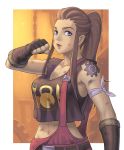  1girl blue_eyes brigitte_(overwatch) brown_hair dirty dirty_clothes dirty_face fingerless_gloves gloves long_hair looking_at_viewer midriff navel noppo_(tarstation) open_mouth overwatch solo sweat tank_top 