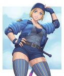  1girl blonde_hair blue_eyes blue_gloves blue_headwear blue_jacket breasts cape cleavage denim denim_shorts elbow_pads fingerless_gloves from_below gloves grin hand_on_headwear hand_on_hip hand_up highres jacket looking_at_viewer looking_down lucia_morgan medium_breasts noppo_(tarstation) police police_uniform policewoman shorts sleeves_pushed_up smile solo street_fighter street_fighter_v striped striped_legwear teeth thighhighs uniform vertical-striped_legwear vertical_stripes zettai_ryouiki 