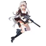  1girl 9a-91 9a-91_(girls_frontline) alternate_costume apron belt_boots black_footwear blue_eyes boots bow breasts cleavage corset cross-laced_footwear fangdan_runiu full_body garter_straps girls_frontline grey_hair gun hair_bow hair_ornament hairclip juliet_sleeves knee_boots lace-up_boots long_hair long_sleeves maid maid_headdress medium_breasts official_art ponytail puffy_sleeves solo submachine_gun thighhighs transparent_background very_long_hair waist_apron weapon white_legwear 