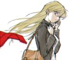  1girl 203wolves bangs black_jacket blonde_hair blurry_foreground cellphone eyebrows_visible_through_hair floating_hair from_side graphite_(medium) hair_between_eyes highres holding holding_phone jacket long_hair long_sleeves open_clothes open_jacket phone red_eyes shirt simple_background sketch smartphone solo standing tenjouin_asuka traditional_media upper_body very_long_hair white_background white_shirt wind wind_lift yuu-gi-ou yuu-gi-ou_gx 