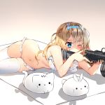  1girl absurdres aiming alternate_costume bangs bare_arms bare_shoulders bikini bikini_day blonde_hair blue_eyes blue_hairband blush breasts bunny bunny_hair_ornament cat closed_mouth commentary_request eyebrows_visible_through_hair frilled_bikini frills girls_frontline groin gun hair_between_eyes hair_ornament hairband highres holding holding_gun holding_weapon legs_together long_hair lying medium_breasts navel on_side one_eye_closed shadow simple_background snowflake_hair_ornament solo stomach submachine_gun suomi_kp/-31 suomi_kp31_(girls_frontline) sweat swimsuit tandohark thighhighs thighs water_drop weapon wet white_bikini white_legwear 