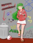  absurdres chewing_gum contemporary graffiti hat highres hood hooded_jacket jacket komano_aun solo solo_focus touhou trash_can wall 