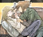  1boy 1girl 203wolves blonde_hair blue_pants brown_eyes brown_hair casual couch couple eye_contact from_side green_jacket grey_pants grey_shirt holding indoors jacket long_hair long_sleeves looking_at_another multicolored_hair open_clothes open_jacket pants pillow shiny shiny_hair shirt short_over_long_sleeves short_sleeves spiked_hair straight_hair sweater tenjouin_asuka traditional_media two-tone_hair white_sweater wrist_grab yuu-gi-ou yuu-gi-ou_gx yuuki_juudai 