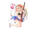  1girl aixioo alternate_costume ball bangs bare_shoulders beachball bikini black_bikini blonde_hair blush breasts cleavage clip_(weapon) damaged flower full_body girls_frontline green_eyes gun hair_between_eyes hair_flower hair_ornament hairband hairclip holding holding_gun holding_weapon large_breasts long_hair looking_at_viewer m1_garand m1_garand_(girls_frontline) official_art one_eye_closed parted_lips ponytail rifle sandals sarong sling solo swimsuit transparent_background weapon 