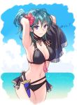  1girl arms_up bikini black_bikini blue_eyes blue_hair breasts byleth_(fire_emblem) byleth_(fire_emblem)_(female) cleavage closed_mouth dagger fire_emblem fire_emblem:_three_houses fire_emblem_heroes flower hair_flower hair_ornament sheath sheathed smile solo swimsuit twitter_username weapon yamyom 