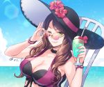  1girl blue_sky breasts brown_hair cleavage closed_mouth cup day dorothea_arnault drinking_straw fire_emblem fire_emblem:_three_houses fire_emblem_heroes flower glass green_eyes hat hat_flower holding holding_cup large_breasts long_hair one_eye_closed sky smile solo sunglasses swimsuit twitter_username upper_body yamyom 