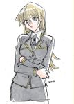  1girl 203wolves :d bangs blazer blonde_hair brown_eyes collared_shirt contrapposto cropped_torso earrings graphite_(medium) grey_neckwear grey_skirt hair_between_eyes jacket jewelry long_hair long_sleeves looking_at_viewer military military_uniform miniskirt necktie open_mouth pencil_skirt shiny shiny_hair shirt simple_background sketch skirt smile solo straight_hair tenjouin_asuka traditional_media uniform very_long_hair white_background white_shirt wing_collar yuu-gi-ou yuu-gi-ou_gx 