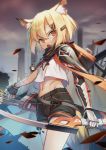  1girl animal_ear_fluff animal_ears arknights arrow_(projectile) bandaged_arm bandages bangs black_gloves black_shorts blonde_hair bow_(weapon) city cloak crop_top ear_piercing fingerless_gloves fox_ears fox_girl fox_tail gloves hair_between_eyes hair_ornament hairclip highres holding holding_bow_(weapon) holding_weapon hood hooded_cloak looking_at_viewer midriff mitake_eiru navel open_mouth orange_eyes piercing quiver shirt short_hair shorts solo stomach tail vermeil_(arknights) weapon white_shirt wind 