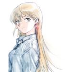  1girl 203wolves bangs blonde_hair blue_jacket brown_eyes closed_mouth earrings hair_between_eyes jacket jewelry long_hair looking_at_viewer open_clothes open_jacket shiny shiny_hair simple_background sketch smile solo straight_hair tenjouin_asuka traditional_media upper_body very_long_hair white_background yuu-gi-ou yuu-gi-ou_gx 