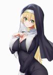  +_+ 1girl bangs black_robe blonde_hair blush breasts catholic center_opening cleavage covered_navel cowboy_shot cross cross-laced_clothes crucifix eyebrows_visible_through_hair green_eyes habit hair_between_eyes hand_on_own_chest jewelry large_breasts long_hair long_sleeves looking_at_viewer necklace nun original sidelocks simple_background smile solo standing unzipped white_background xiujia_yihuizi 