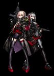  2girls absurdres arknights assault_rifle black_background creator_connection demon_horns girls_frontline gloves gun headset highres horns kuroinu9 m4_sopmod_ii m4_sopmod_ii_(girls_frontline) mod3_(girls_frontline) multiple_girls pantyhose pink_hair rifle ro635_(dinergate) scarf shoes silver_hair thighhighs w_(arknights) weapon 