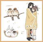  2girls ahoge bird black_hair blanket hachimaki headband high_ponytail highres hinata_hibari kantai_collection light_brown_hair long_hair low-tied_long_hair multiple_girls ponytail shouhou_(kantai_collection) very_long_hair zuihou_(kantai_collection) 