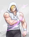  1boy black_pants blonde_hair blue_eyes ed_(street_fighter) hair_over_one_eye hood hood_up noppo_(tarstation) pants serious solo street_fighter street_fighter_v white_hoodie white_wristband wristband 