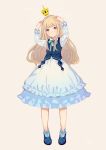  1girl absurdres bangs blonde_hair blue_eyes blue_footwear blush crown dress expressionless eyebrows_visible_through_hair floating_headgear full_body green_neckwear hands_up highres ikoan long_hair long_sleeves original signature simple_background solo standing vest white_dress 