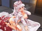  1girl after_fellatio after_sex arm_belt ass bangs body_writing bottomless bow breasts cum cum_in_mouth cum_on_ass cum_on_body cum_on_breasts cum_on_lower_body cum_on_upper_body eyebrows_visible_through_hair fingernails fujiwara_no_mokou full_body futon fuurisuto hair_bow hand_to_own_mouth hand_up high_ponytail highres indoors kneeling large_breasts leaning_forward long_hair long_sleeves naked_shirt nipples no_bra open_clothes open_mouth open_shirt outstretched_arm pants pants_removed red_eyes shiny shiny_skin shirt sidelocks solo suspenders suspenders_removed sweat tongue tongue_out touhou translation_request very_long_hair white_hair white_shirt 