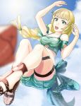  1girl absurdres blonde_hair blue_sky cloud fire_emblem fire_emblem:_three_houses fire_emblem_heroes fish green_eyes gzo1206 highres ingrid_brandl_galatea long_hair open_mouth sky solo swimsuit thigh_strap 