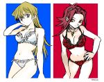  203wolves 2girls bangs blonde_hair blue_background bra breasts brown_eyes cleavage closed_mouth collarbone graphite_(medium) hair_between_eyes hair_intakes hair_ornament hairpin hand_in_hair hand_on_hip izayoi_aki jewelry lace lace-trimmed_bra lace-trimmed_panties leaning_forward lingerie long_hair looking_at_viewer medium_breasts multiple_girls navel necklace panties red_background red_bra red_hair red_panties short_hair_with_long_locks side-tie_panties smile straight_hair tenjouin_asuka traditional_media twitter_username underwear underwear_only very_long_hair white_background white_bra white_panties yuu-gi-ou yuu-gi-ou_5d&#039;s yuu-gi-ou_gx 