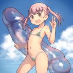  1girl :d aaaa bangs bare_arms bare_shoulders bikini blue_sky blush brown_eyes cloud collarbone commentary_request day eyebrows_visible_through_hair green_bikini hair_between_eyes hand_up highres inflatable_toy micro_bikini navel open_mouth original outdoors phallic_symbol pink_hair sky smile solo swimsuit transparent twintails v 
